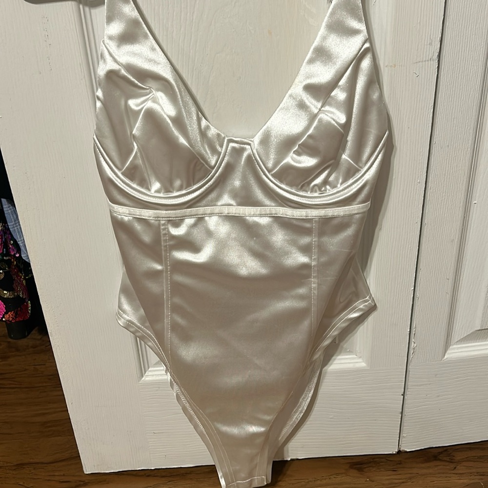 White satin Amazon bodysuit
